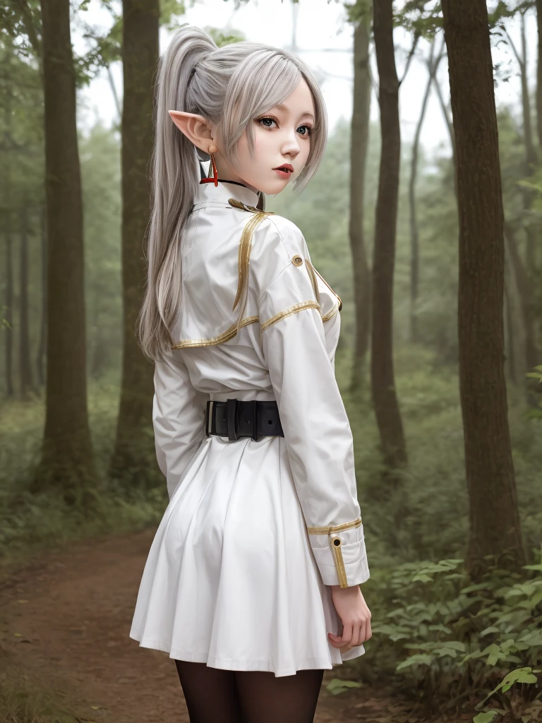 masterpiece, best quality, absurdres, 1girl, solo, FrierenBase, long hair, twintails, earrings, white capelet, striped shirt, horizontal stripes, long sleeves, belt, white skirt, gold-trim, black pantyhose, arms behind back, outdoors, forest,