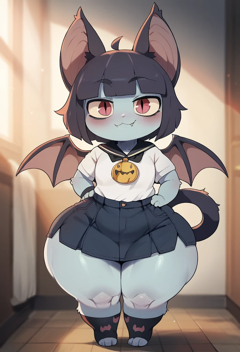 Furry shortstack  cat femboy, big wide hips, bat Wings ,big eyes , skirt ,smug face ,pose ,hyper butt ,massive butt ,thick thighs