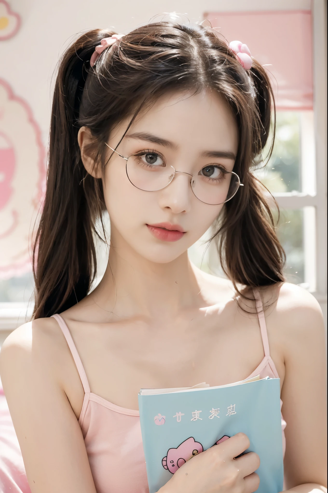 (((best quality))),(((ultra detailed))),(((masterpiece))),illustration,((1 beautiful girl,solo)),(short ponytail:1.2),((slim,thin)),((small breasts,flat chest)),(bright curious eyes:1.2), (glasses:1.3),(pink sundress with white Hello Kitty logo:1.3),((sweat,wet)),(Hello Kitty-themed bedroom:1.3),(beside the cluttered desk:1.3),((assignments,books, papers)), ((pink walls, Hello Kitty posters, pink bedding)), open window, gentle breeze, streetlights, youthful innocence, determination,summer, hard work, passion, youthful energy,((from front,upper body)),(night scene:1.3)