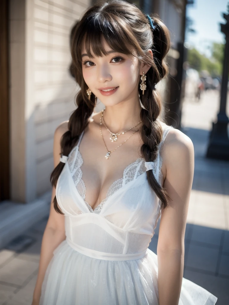 1girl, jewelry,woman,small  breasts, ((organza lace dress)),earrings, (cleavage:0.4), looking at viewer, necklace, realistic, solo, twintails,twin tails, lips, blurry background, long hair, smile, blurry, bangs , sleeveless, sexy,woman,3D,csopaly,realistic,ribbon,
(pureerosface_v1:0.2), 