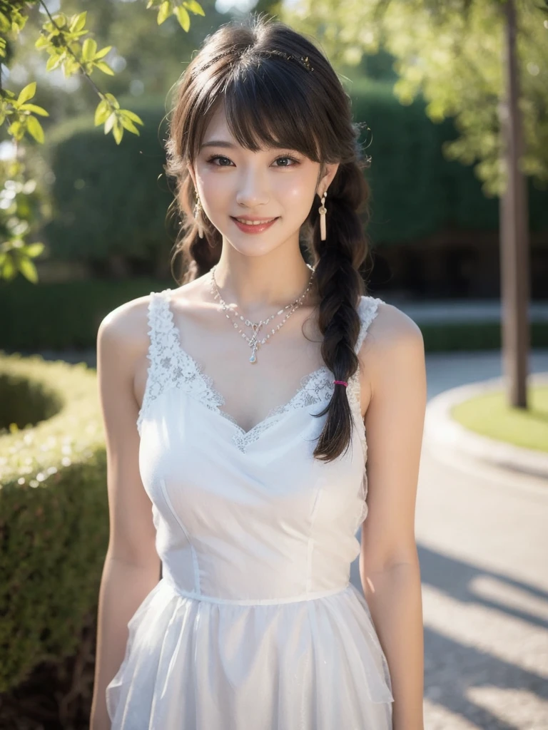 1girl, jewelry,woman,small  breasts, ((organza lace dress)),earrings, (cleavage:0.4), looking at viewer, necklace, realistic, solo, twintails,twin tails, lips, blurry background, long hair, smile, blurry, bangs , sleeveless, sexy,woman,3D,csopaly,realistic,ribbon,
(pureerosface_v1:0.2), 