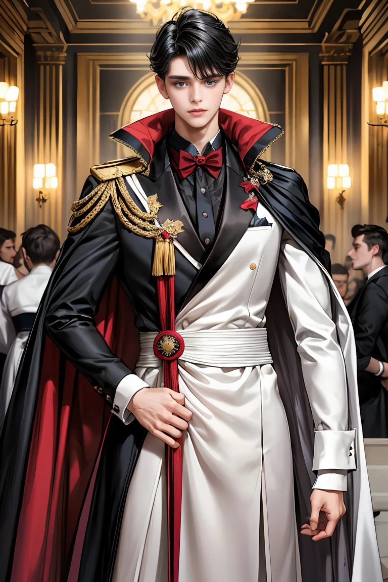 masterpiece, 最high quality, high quality, 1 boy, alone, Male focus, Watching the audience, Messy black hair, Adorable big blue eyes, White, Noble, Noble,A sexy, voluminous, puffy cape、tuxedo、A very voluminous, large, very large, very large, long, long red and black cape with a high stand-up collar, made of a lot of fabric that reaches down to the floor., ,Cute beautiful boys,Cute, cute, kind, handsome guy