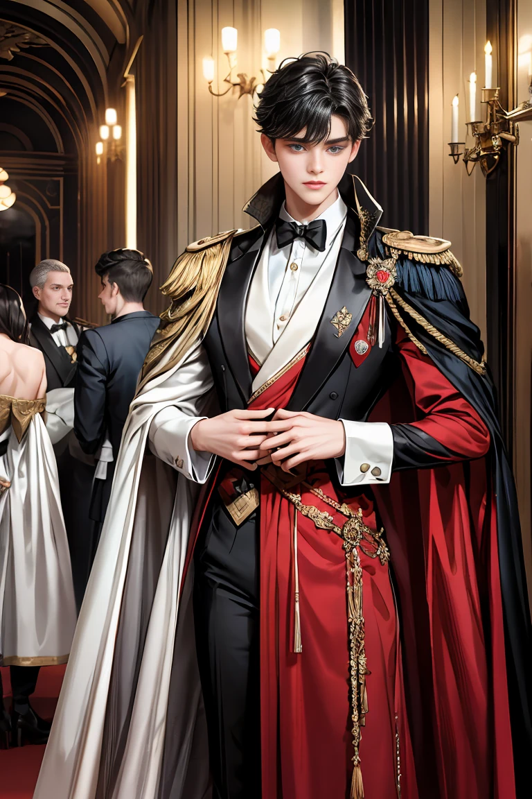 
masterpiece, 最high quality, high quality, 1 boy, alone, Male focus, Watching the audience,  Messy black hair, Adorable big blue eyes, White, Noble, Noble,A sexy, voluminous, puffy cape、tuxedo、A very voluminous, large, very large, very large, long, long red and black cape with a high stand-up collar, made of a lot of fabric that reaches down to the floor., 17 years old,Cute beautiful boys,Cute, cute, kind, handsome guy