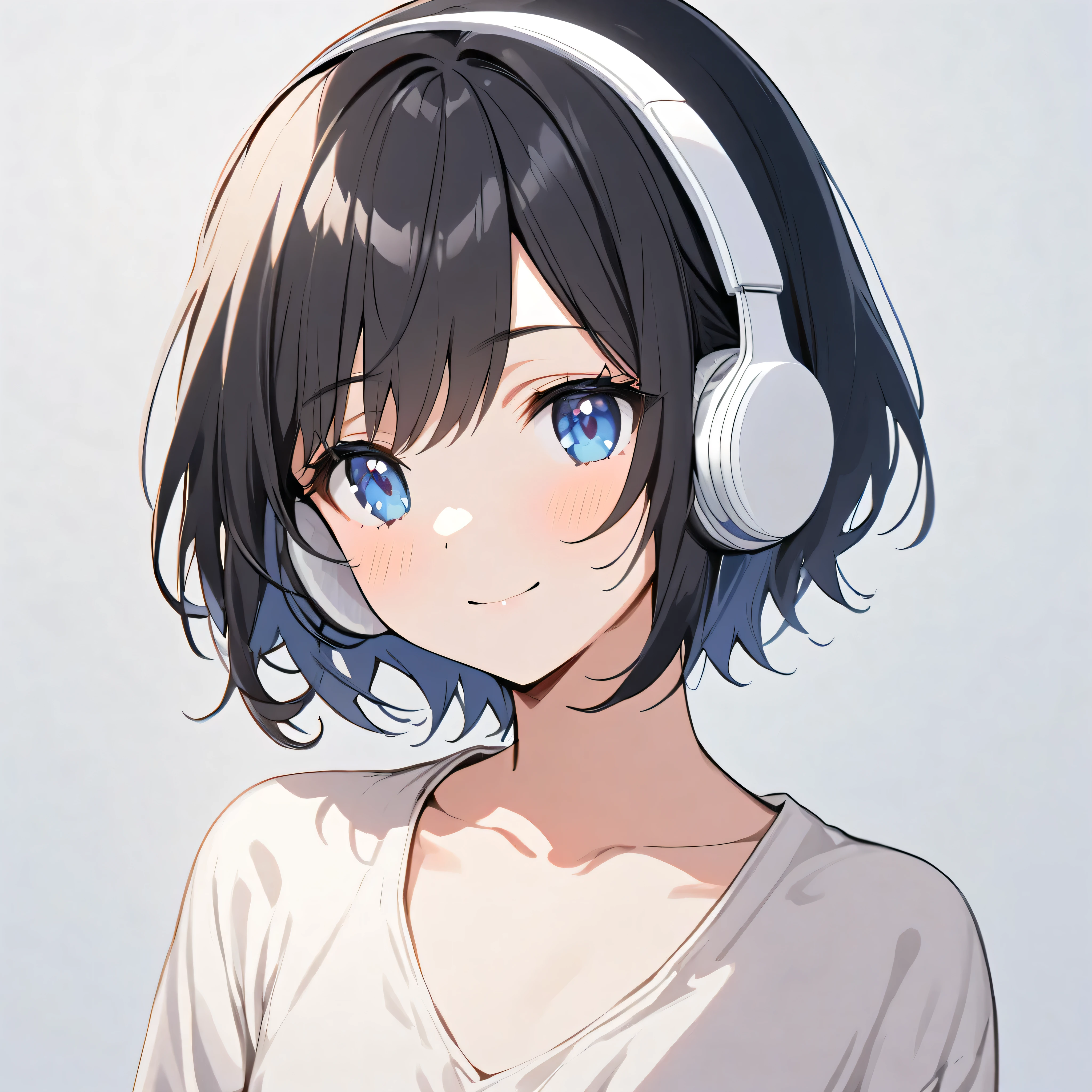 beautiful 1girl, solo, gentle smile on her face flat chest, short hair, black hair, beautiful blue eyes, young, adult woman, blank background, while wearing wireless white headphones, face only