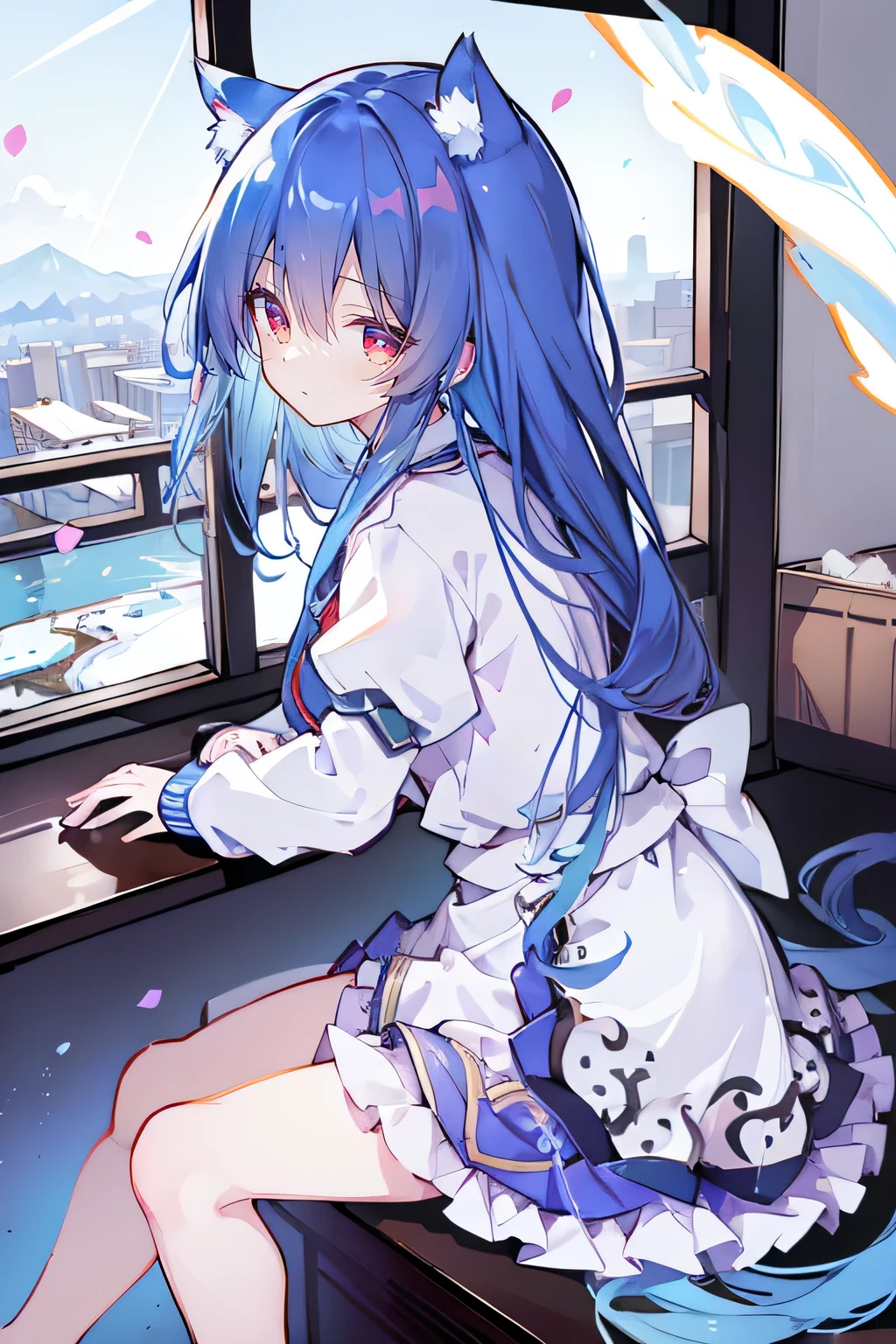 (Masterpiece:1.2),Ultra-detailed,lifelike,The eyes are expressive,Fair skin,Perfect face shape,1 girl,
Japanese Manga,Gorgeous blue hair,Flowing blue hair,Flowing clothes,Cat ears,Petals falling,Beautiful Lola,little angel,
Cross your legs,Gentle and peaceful background,Smile,Wearing a sweatshirt,Tokyo background,background,heavy snow,冬天 on window sill drinking coffee and looking out the window