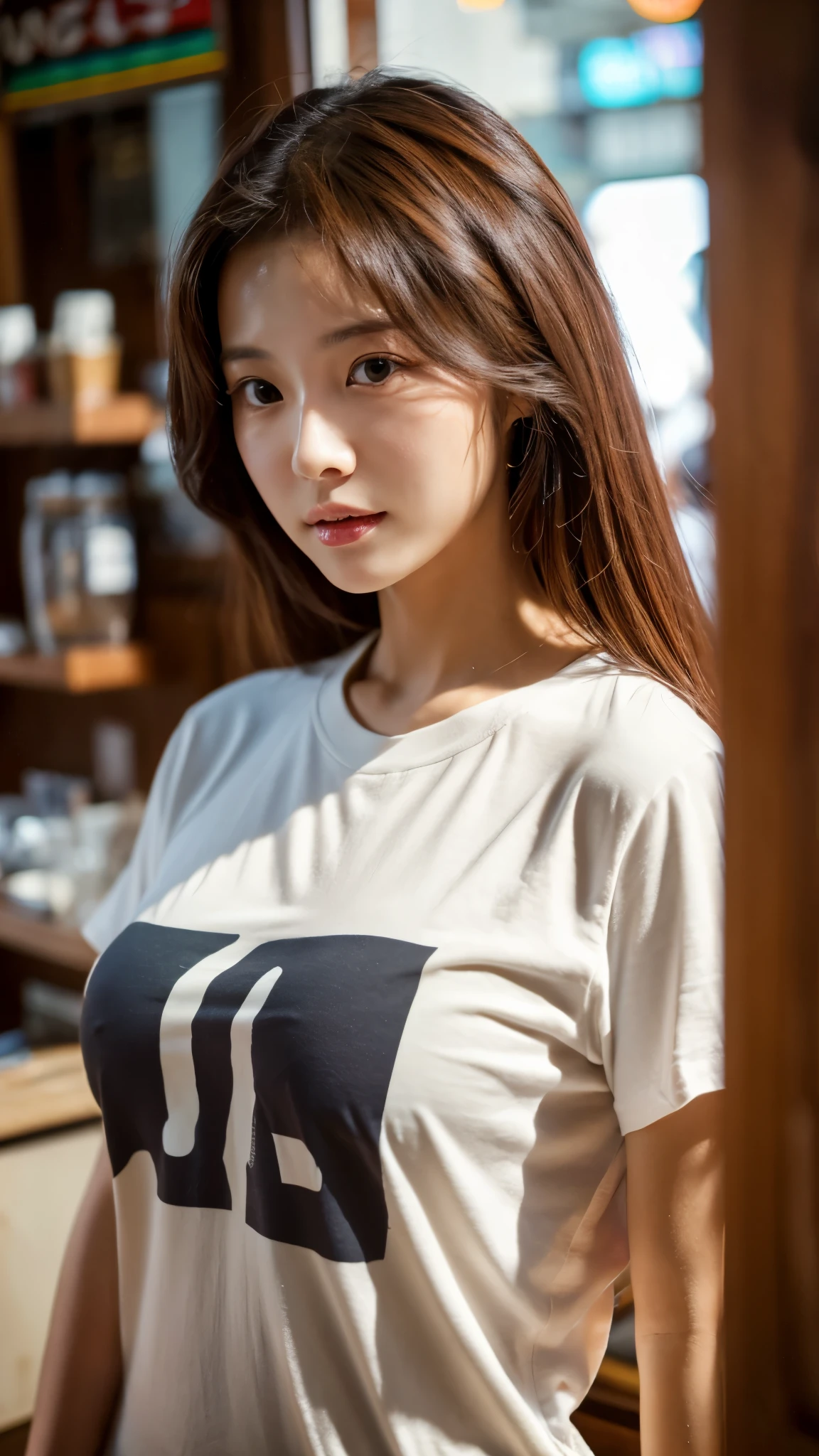 extreme close-up of beautiful beautiful korean female, 34 inch breasts size, wearing t-shirt, standing in the wooden cafe, cinematic scene, UHD 