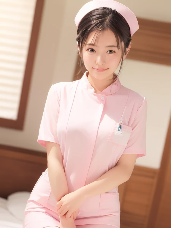 girl,alone, Shortcuts, bangs, Upstyle, Black Hair, nurse, Perfect Anatomy, nurse uniform, ((Nurse cap)), (White costume), Long skirt, hospital, (Close-up), 