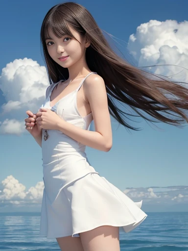 Japanese female, a lot of details, (underweight), detailed black hair, beautiful detailed hair, super fucking beautiful, delicate beautiful face, complex details beautiful and delicate eyes, perfect hands, (flat chest best quality:1.5), perfect and delicate limbs, detailed skin, best quality, ultra-detailed,(cheerful grin:1.3),
sky, (cloud texture:1.5), (floating:1.4), Zero gravity, (light red floating dress), in the clouds, full body shot, low angle shot