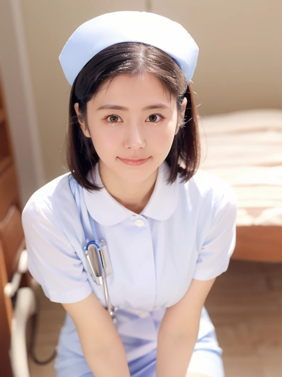 girl,alone, Shortcuts, bangs, Upstyle, Black Hair, nurse, Perfect Anatomy, nurse uniform, ((Nurse cap)), (White costume), Long skirt, hospital, (Close-up), 