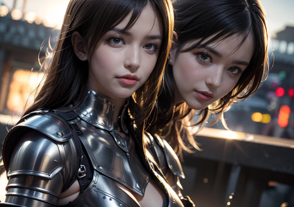 A stunning female warrior with flowing Blonde hair, clad in metal armor that accentuates her curves. Her face radiates beauty and courage, with piercing Orange eyes. She wields a samurai with confidence, ready for battle. The background depicts an epic battlefield. Dramatic lighting highlights the details of her armor and facial expression. Realistic style with high detail, The mouth is hidden,full-face armour.