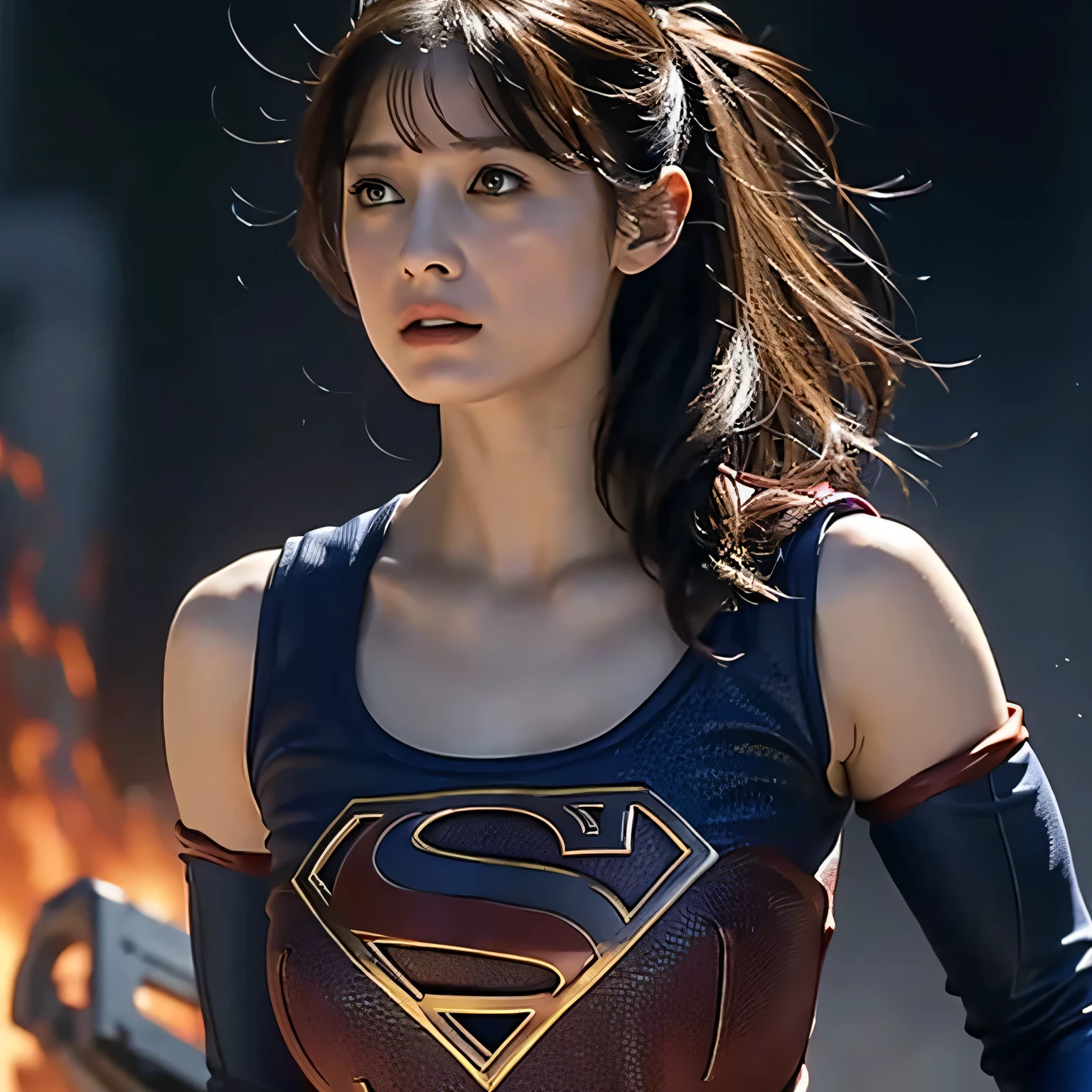 Supergirl, Beautiful Supergirl, 29 years old, Height : 152 CM, Supergirl Trapped in the rubble of a destroyed building burning hot fire, midday, supergirl tanktop costume, hair tied, hair bangs, Supergirl was sweating profusely, Supergirl had wet sweat on her chest, Supergirl had wet sweat on her head, Supergirl is shocked, Supergirl looks up, Supergirl looks scared, Supergirl screamed in pain, supergirl defeated, supergirl tanktop costume is torn, Supergirl is seriously injured, Supergirl cried, supergirl in peril