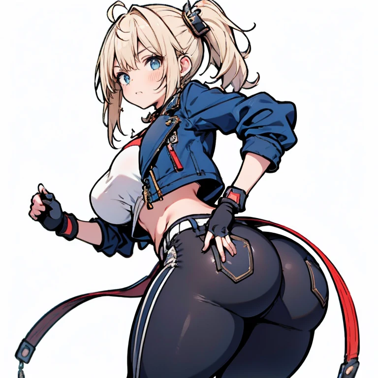 Anime Kawaii sexy Perfect Slim sensual body large breast and huge thighs, An intricate and highly detailed illustration of anime (Young girl) Blonde girl sf6, black sports well, choker, 1 girl, standing alone, clothes open, black pants, looking ahead at viewer, へそ, abdomen, White background, blue colored eyes, scar on the face, red gloves, scar on cheek, muscular, antenna hair, hand on hip, black choker, open jacket, cropped jacket, thick-thighs grossas, hair blonde, gloves fingerless, sports well, shorth hair, thick-thighs,  muscular female, tummy, Blue jacket, (((standing backwards))), big-ass, focus on the ass