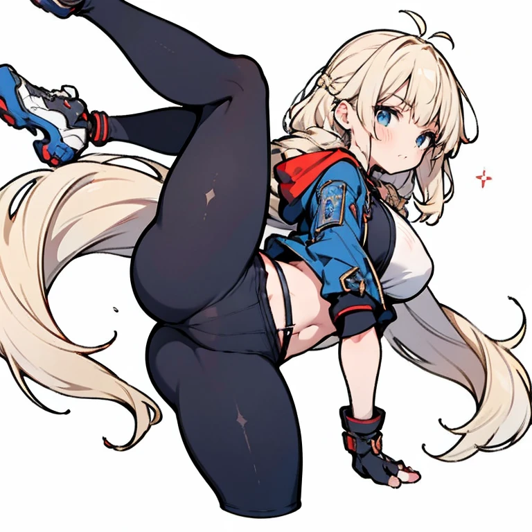 Anime Kawaii sexy Perfect Slim sensual body large breast and huge thighs, An intricate and highly detailed illustration of anime (Young girl) Blonde girl sf6, black sports well, choker, 1 girl, standing alone, clothes open, black pants, looking ahead at viewer, へそ, abdomen, White background, blue colored eyes, scar on the face, red gloves, scar on cheek, muscular, antenna hair, hand on hip, black choker, open jacket, cropped jacket, thick-thighs grossas, hair blonde, gloves fingerless, sports well, shorth hair, thick-thighs, muscular female, tummy, Blue jacket, (((standing backwards))), big-ass, focus on the ass