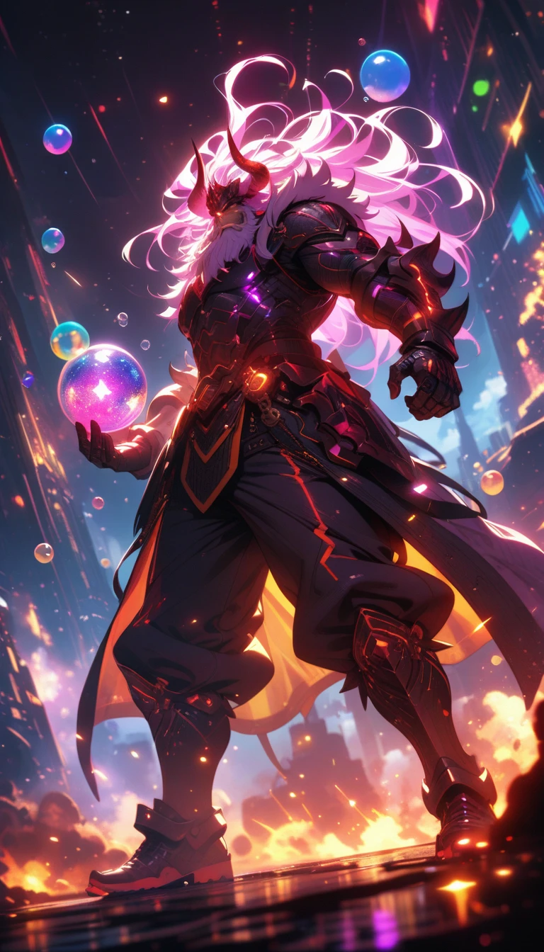 ((best quality)) , ((masterpiece)) , (detailed),horns, giant, glowing, glowing eyes, beard, male focus, 1boy, helmet, holding, facial hair, fur trim, teeth, muscular,((full body)),stars in the eyes, messy floating hair, colored inner hair, Starry sky adorns hair, (lots of big colorful Bubble), (pearl), (Galaxy), depth of field