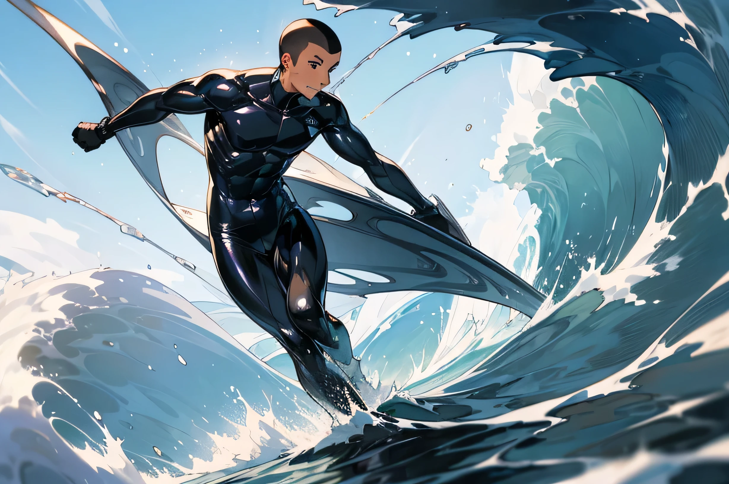 Handsome Japanese male models Black Hair Short cut Shaved head Slim figure smile looking at the camera Shiny full-body silver suit Shiny silver latex suit The background is a lot of water splashing Big Wave Wave vortex soaked Shine Dynamic Movement Bulge Background Bright sky Hokusai's Wave Upper Body Close-up More and more upper body