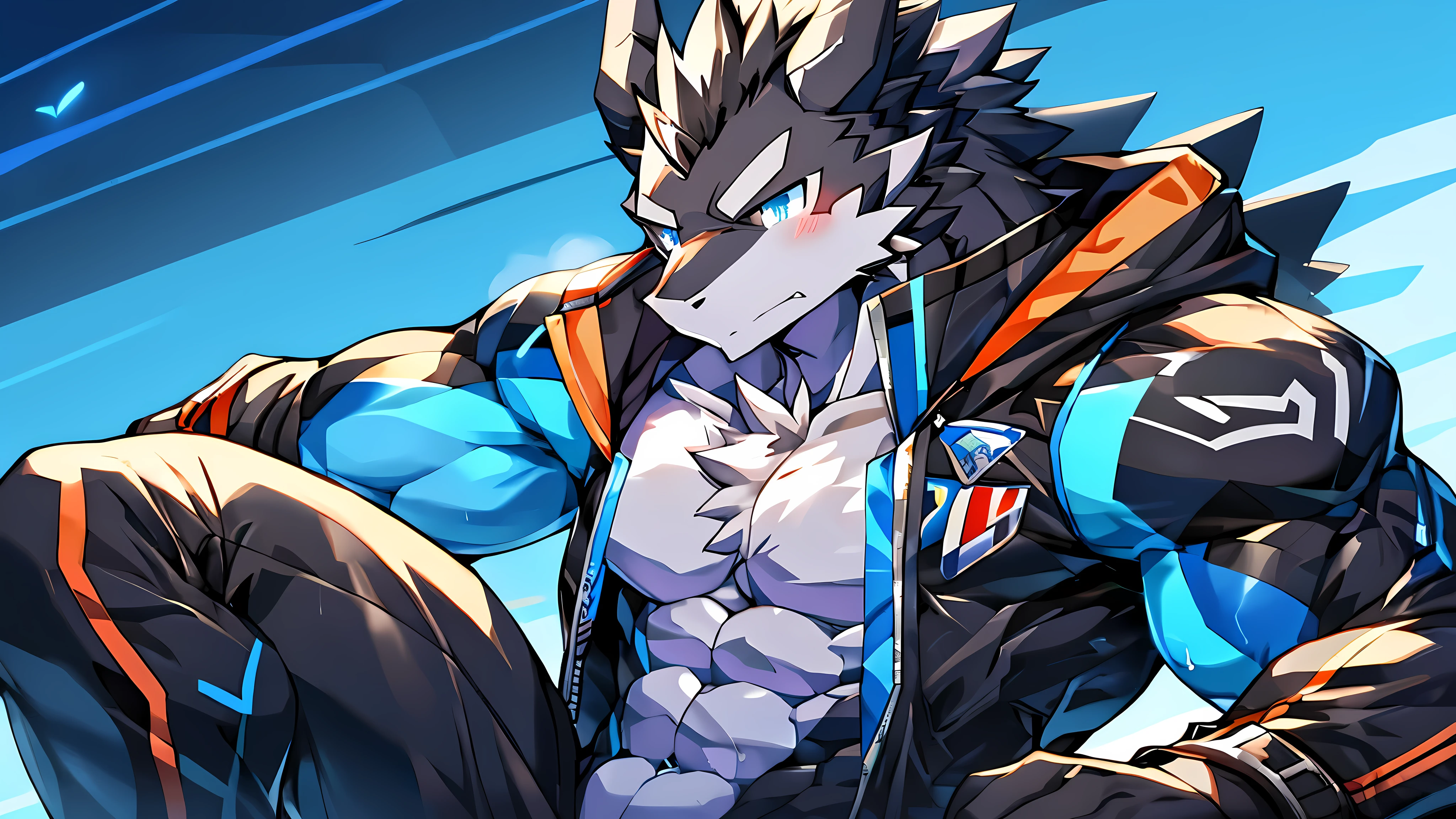 Thin macho　western black dragon　　abs　　　　　Hollow abs　　body suit　　thick arms　　　chest rig　　　、sweaty　　　skin glow　　profile　　Wearily　short of breath　　  　Chemo shota　　
have a 　blue eyes　Tired look jacket