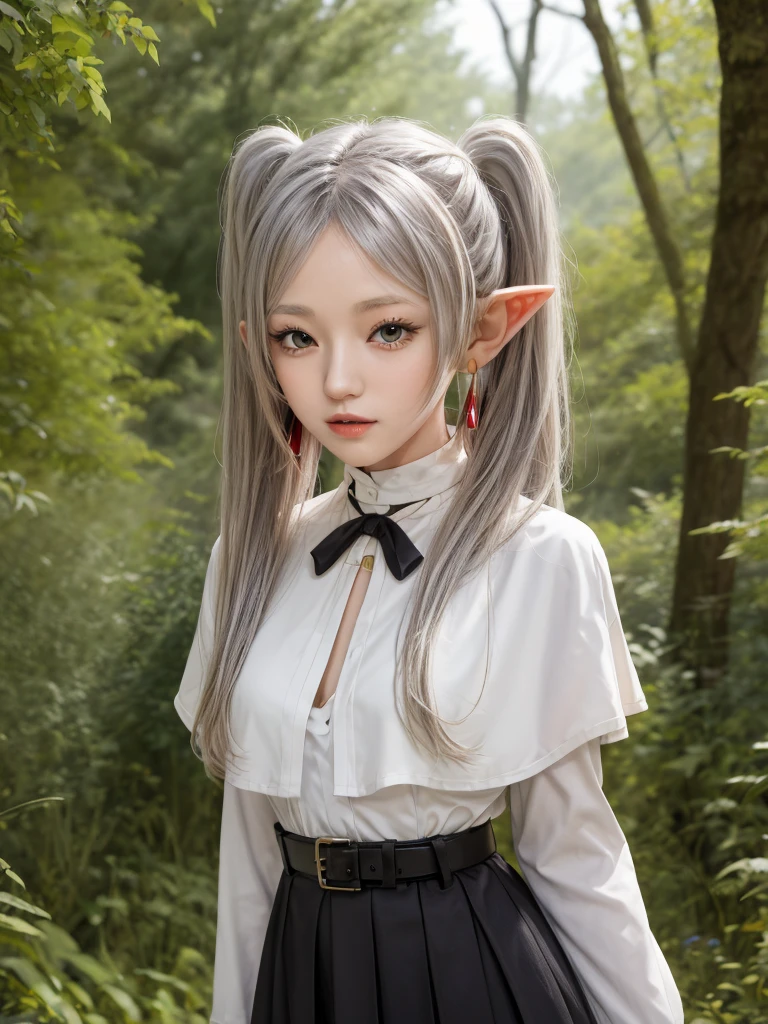 masterpiece, best quality, absurdres, 1girl, solo, FrierenBase, long hair, twintails, earrings, white capelet, striped shirt, horizontal stripes, long sleeves, belt, white skirt, gold-trim, black pantyhose, arms behind back, outdoors, forest, 