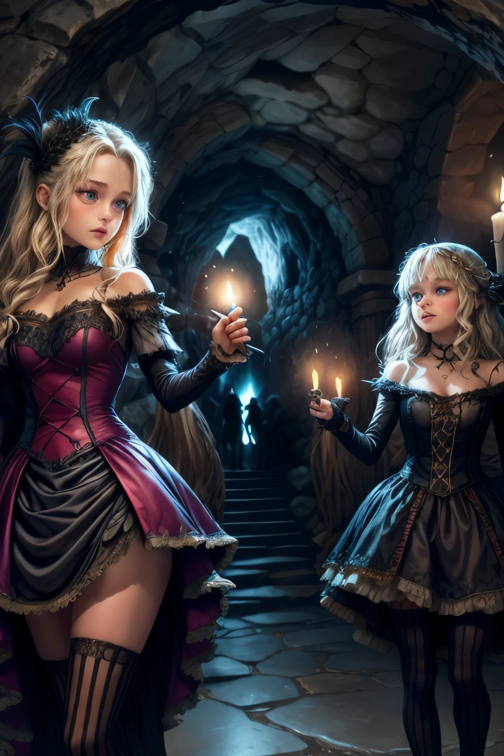 illustration of 15 years old Virginia Otis blonde hair blue eyes youngest cute face, from the Canterville Ghost, furtively observing a group of followers of the Goddess Freia who are celebrating a forbidden ritual inside a mysterious cave. We are sure that only a talented artist like you will be able to capture the essence of this magical and mysterious encounter. Your drawing will be fundamental for the creation of a unique publication, which combines the gothic atmosphere and the charm of the supernatural. Remember to add evocative details, such as candle flames dancing in the dark, shadows moving ominously along the rock walls, and Virgin Otis' claws clinging to the stone. Highlight the aura of mystery and emotion that this forbidden encounter evokes.