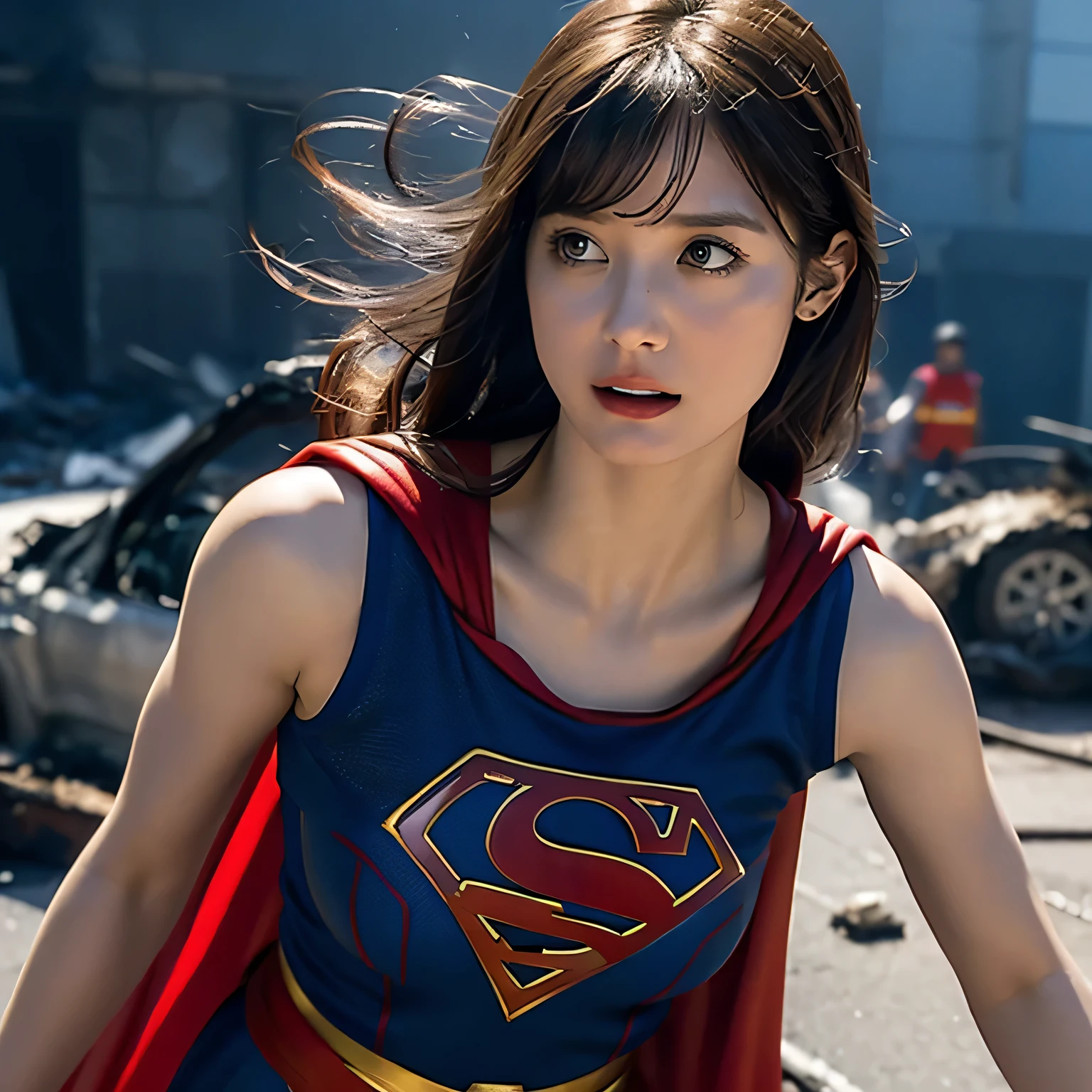 Supergirl, Beautiful Supergirl, 29 years old, Height : 152 CM, Supergirl Trapped in the rubble of a destroyed building burning hot fire, midday, supergirl tanktop costume, hair tied, hair bangs, Supergirl was sweating profusely, Supergirl had wet sweat on her chest, Supergirl had wet sweat on her head, Supergirl is shocked, Supergirl looks up, Supergirl looks scared, Supergirl screamed in pain, supergirl defeated, supergirl tanktop costume is torn, Supergirl is seriously injured, Supergirl cried, supergirl in peril