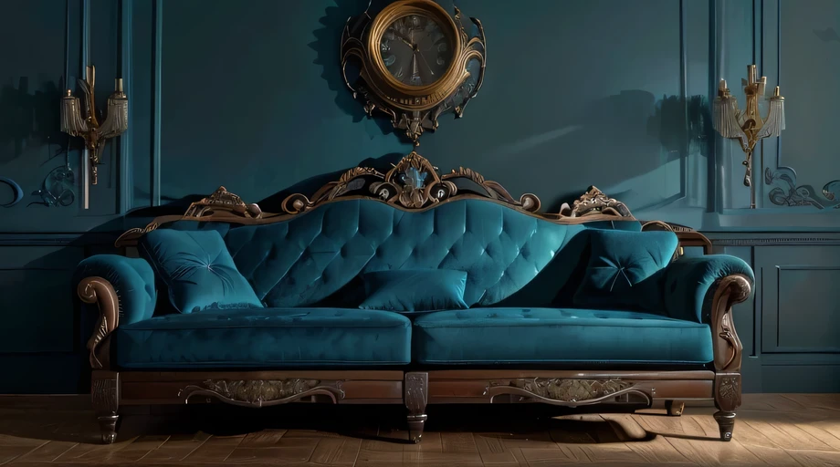 arafed couch in a room with a blue wall and wood floor, dark teal couch, ornate furniture, old couch, ornate and elegant, elegant and ornate, monochromatic teal, ornate and flowing, velvet couch, lounging on expensive sofa, antique style, old furniture, luxury furniture, in a baroque style, elegant furniture, baroque style, exquisitely ornate, extremely realistic