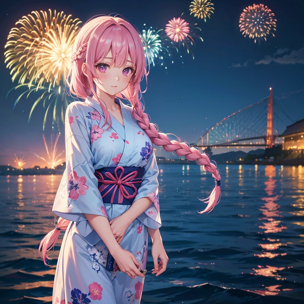 Sky Blue Medium Hair, (Braided hair),(Pink Eyes),Fair skin ,(whole body),(1 girl)、Floral Yukata、summer night、Fireworks on the lake、Big fireworks、Straight bangs,(masterpiece, Highest quality, Very detailed, Best Shadow), (Detailed Background), (Beautifully detailed face), High Contrast, (Best lighting, Very delicate and beautiful), ((Cinematic Light)), colorful, Hyper Detail 8k, Dramatic Light, Intricate details,Fireworks light reflected on the water