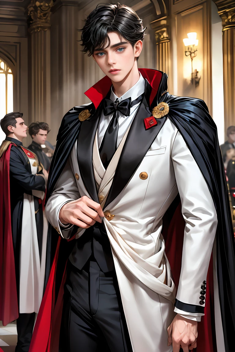 
masterpiece, 最high quality, high quality, 1 boy, alone, Male focus, Watching the audience,  Messy black hair, Adorable big blue eyes, White, Noble, Noble,A sexy, voluminous, puffy cape、tuxedo、A very voluminous, large, very large, very large, long, long red and black cape with a high stand-up collar, made of a lot of fabric that reaches down to the floor., 17 years old,Cute beautiful boys,Cute, cute, kind, handsome guy