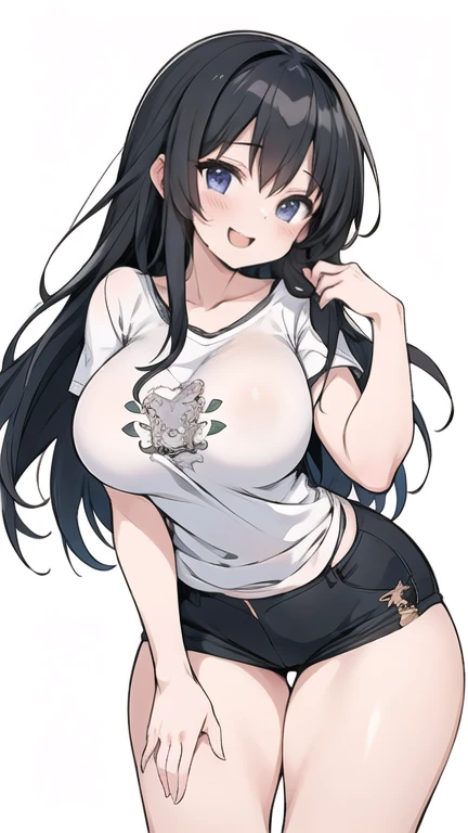 Anime Kawaii sexy Perfect Slim sensual body large breast and huge thighs, An intricate and highly detailed illustration of anime (Young girl) 20 years old,1 girl, extremely thick thighs, surreal, 8k, (8k extremamente detalhado), (Very delicate and beautiful), (work of art), (best qualityer:1.0), (ultra-high resolution:1.0), (work of art, highest quallity), cute,Bblack hair,Laughing with your mouth open,shining skin,, short sleeved shirt,leaning forward,reaching,Low - Angle,
