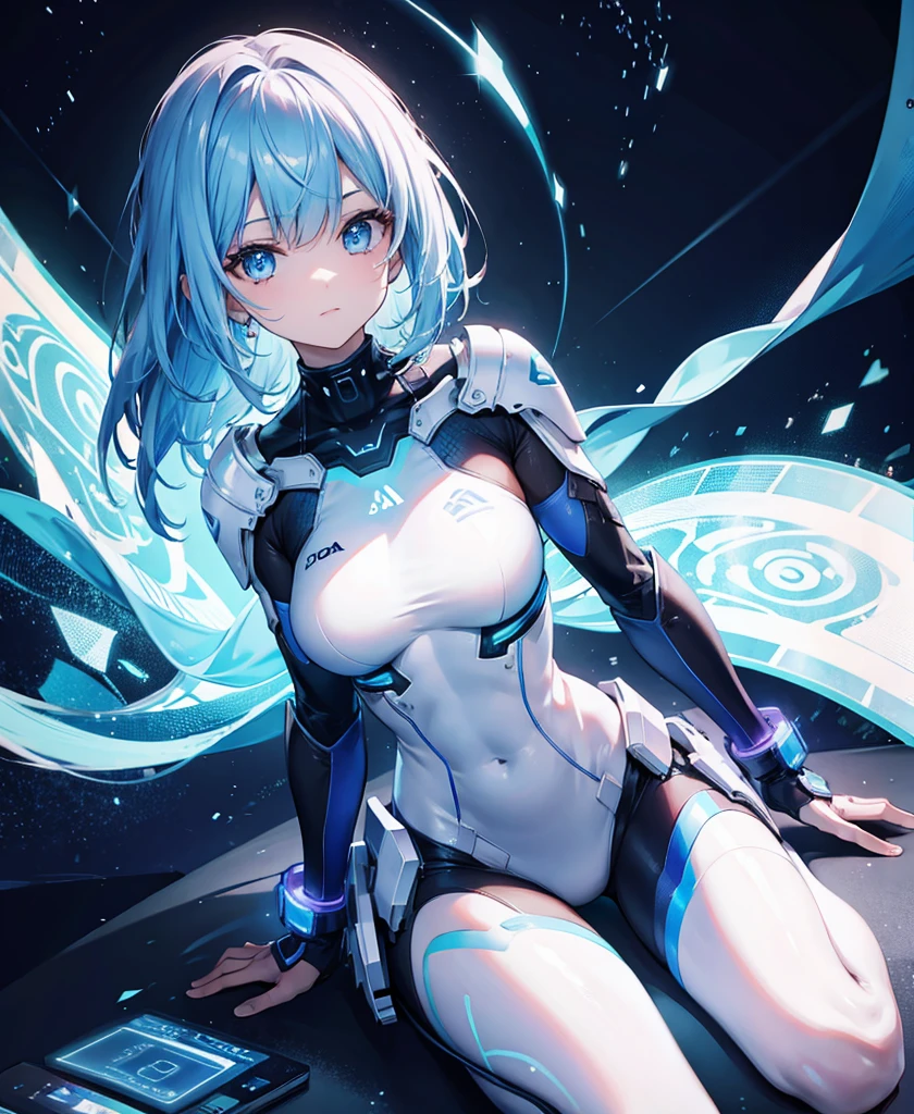 ((Holographic glow effect)),8k, Highest quality, (real:1.4), Original photo, 1 girl, Asari Hair, Biological Amplifier, refined armor, posture: Peace talks between warring factions, smart blue eyes,whole body