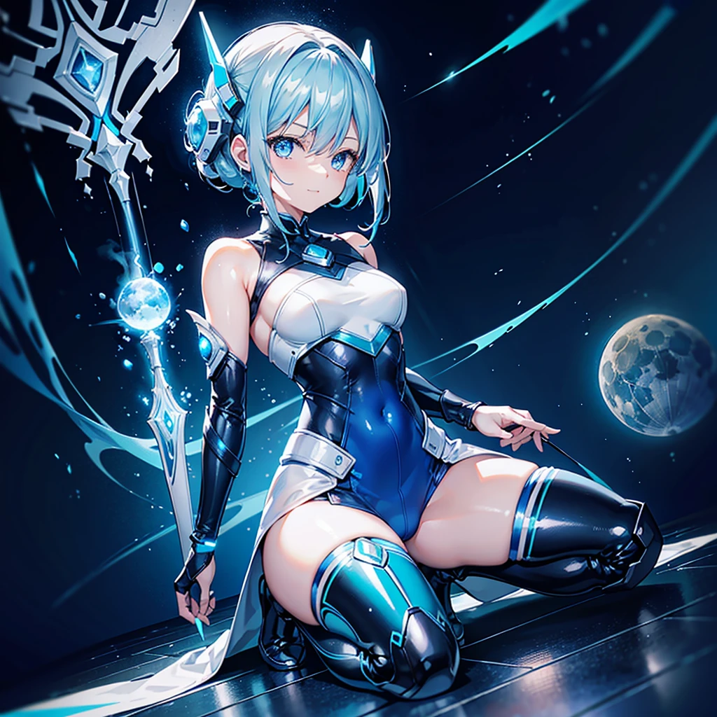 8k, Highest quality, (real:1.4), Original photo, 1 girl, Asari Hair, Biological Amplifier, Very sleek and futuristic armor, posture: Peace talks between warring factions,,attention arousal, smart blue eyes,A modest smile,Knee-high boots,Patent-look blue tights,Blue big moon and blue light swirl in the background,Blue light from behind,blue light magic,A small, glowing blue ball in the palm of your hand,Blue flame swirl,Blue Comet,Polished floor,