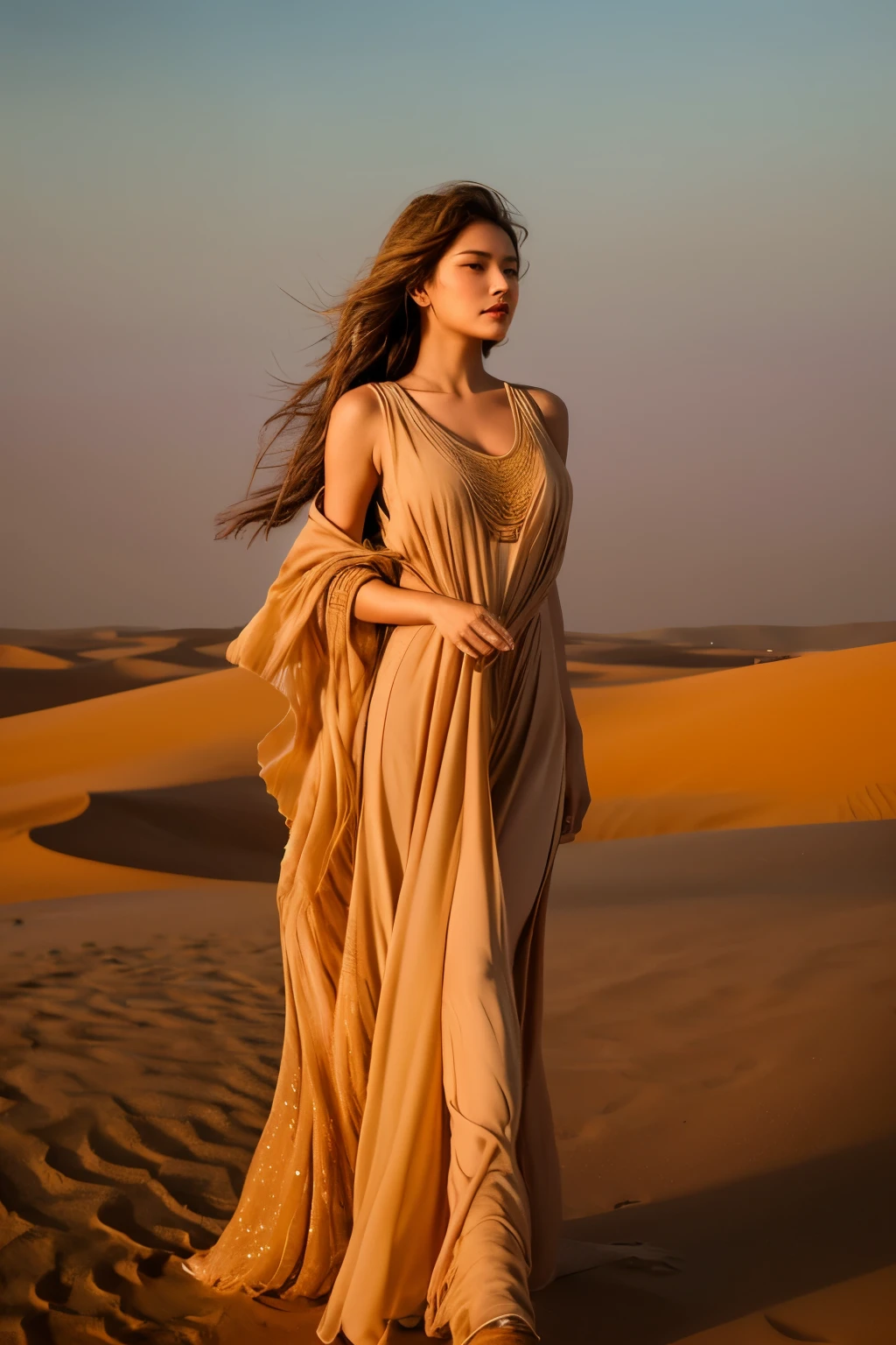 is a mesmerizing artwork that beautifully captures the essence of a dust storm in thedesert. The central figure, a woman with tousled hair in shades of sandy browns, golden yellows, and occasional deep red streaks, is enveloped in the swirling sands, reflecting the desert's colors under a setting sun. Her sun-kissed, warm tan skin is subtly dusted with fine particles of sand, emphasizing her connection to the arid landscape. Her flowing outfit in ochre, burnt orange, and dusty beige hues mimics the shifting sands and the fluid movement of the storm. Intricate patterns on her clothing resemble wind-blown dunes and swirling gusts, while her strong, grounded posture amidst the storm showcases her resil, vibrant, portrait photography, photo