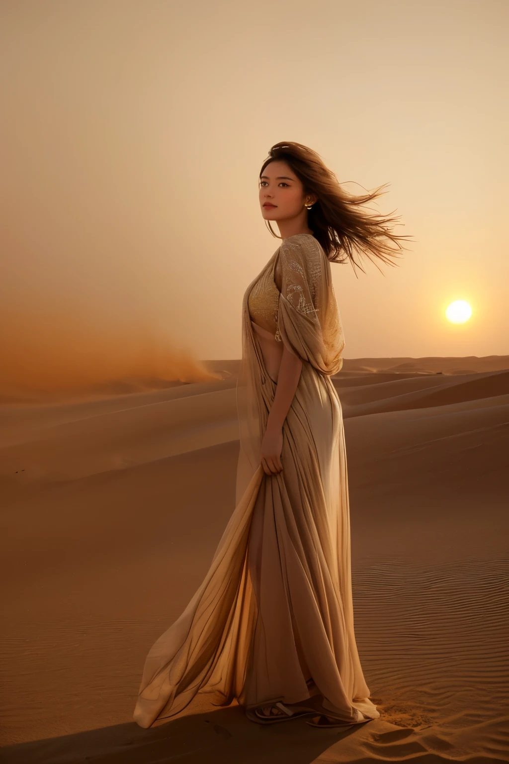 is a mesmerizing artwork that beautifully captures the essence of a dust storm in thedesert. The central figure, a woman with tousled hair in shades of sandy browns, golden yellows, and occasional deep red streaks, is enveloped in the swirling sands, reflecting the desert's colors under a setting sun. Her sun-kissed, warm tan skin is subtly dusted with fine particles of sand, emphasizing her connection to the arid landscape. Her flowing outfit in ochre, burnt orange, and dusty beige hues mimics the shifting sands and the fluid movement of the storm. Intricate patterns on her clothing resemble wind-blown dunes and swirling gusts, while her strong, grounded posture amidst the storm showcases her resil, vibrant, portrait photography, photo