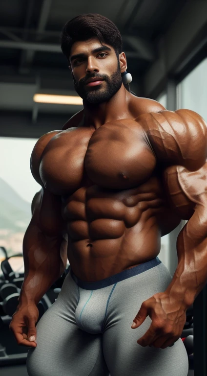 An award-winning original photo, little smiled, dimples, a wild handsome muscular indian man,(beard 25 years old:1.3), 1boy in one photo, Solo, (looking in camera), (tight underwear), doing excercise in gym, from Front view, black hair, (big shoulders), musculature, stubbles, beard, earbuds, Beautiful eyes:1.3, ), (Detailed face:1.3), dimples, (holded penis), Dynamic front Angle view, volumetric lighting, (Best quality, A high resolution, Photorealistic), Cinematic lighting, Masterpiece, RAW photo, Intricate details, hdr, depth of field, upper body, His perfect huge bulge,masterpieces 