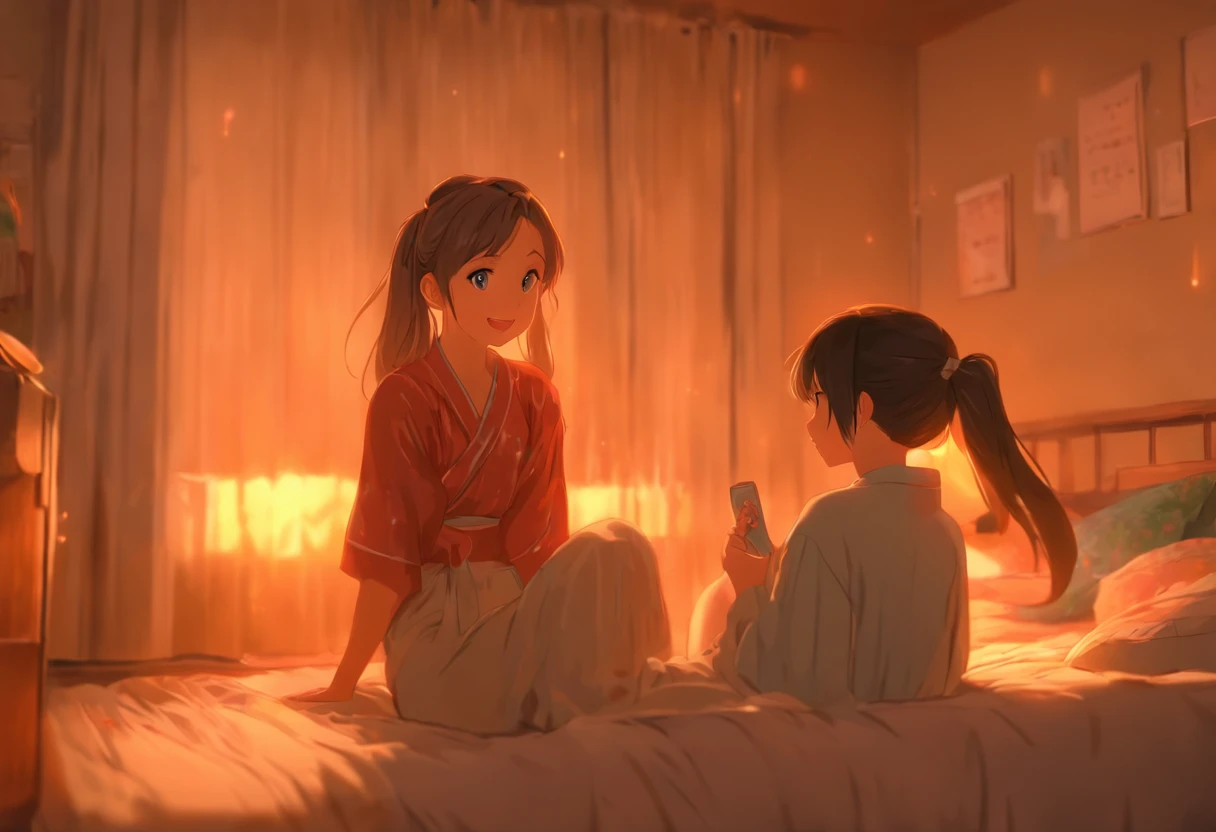 An absurd solution, High resolution, (masterpiece: 1.4), Very detailed, (((Detailed face, Detailed Expression)), Two Girls, Girl and Girl, friend, best friend, Classmate, relax, ponytail, Bob, sitting on bed, Sitting on the floor, Two people having a conversation, Room Background, friend, Relatives and friends, Home, 1k, Small room, curtain, bed, tv set, machine, Loungewear, Kyoto Animation, Kyoto Animationの雰囲気, (Tears in my eyes)