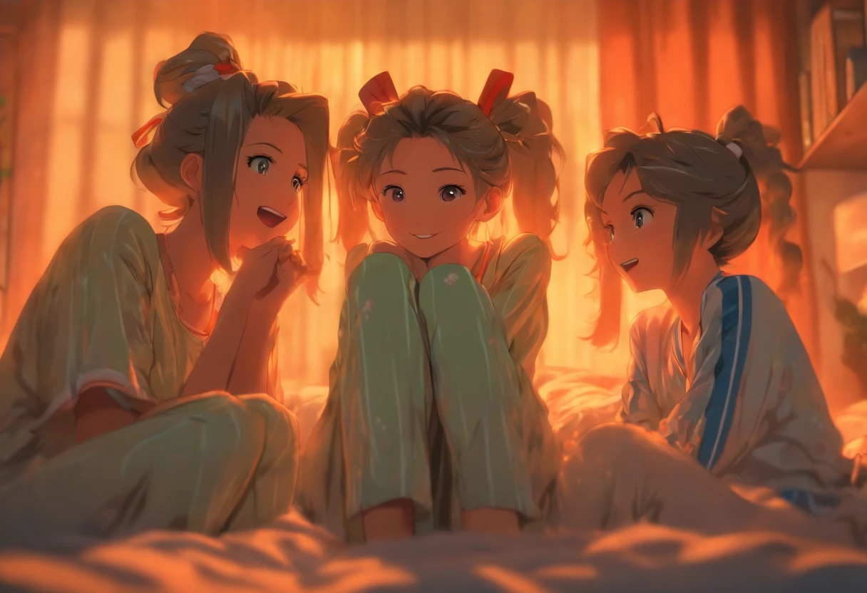 An absurd solution, High resolution, (masterpiece: 1.4), Very detailed, (((Detailed face, Detailed Expression)), Two Girls, Girl and Girl, friend, best friend, Classmate, relax, ponytail, Bob, sitting on bed, Sitting on the floor, Two people having a conversation, Room Background, friend, Relatives and friends, Home, 1k, Small room, curtain, bed, tv set, machine, Loungewear, Kyoto Animation, Kyoto Animationの雰囲気, (Tears in my eyes)