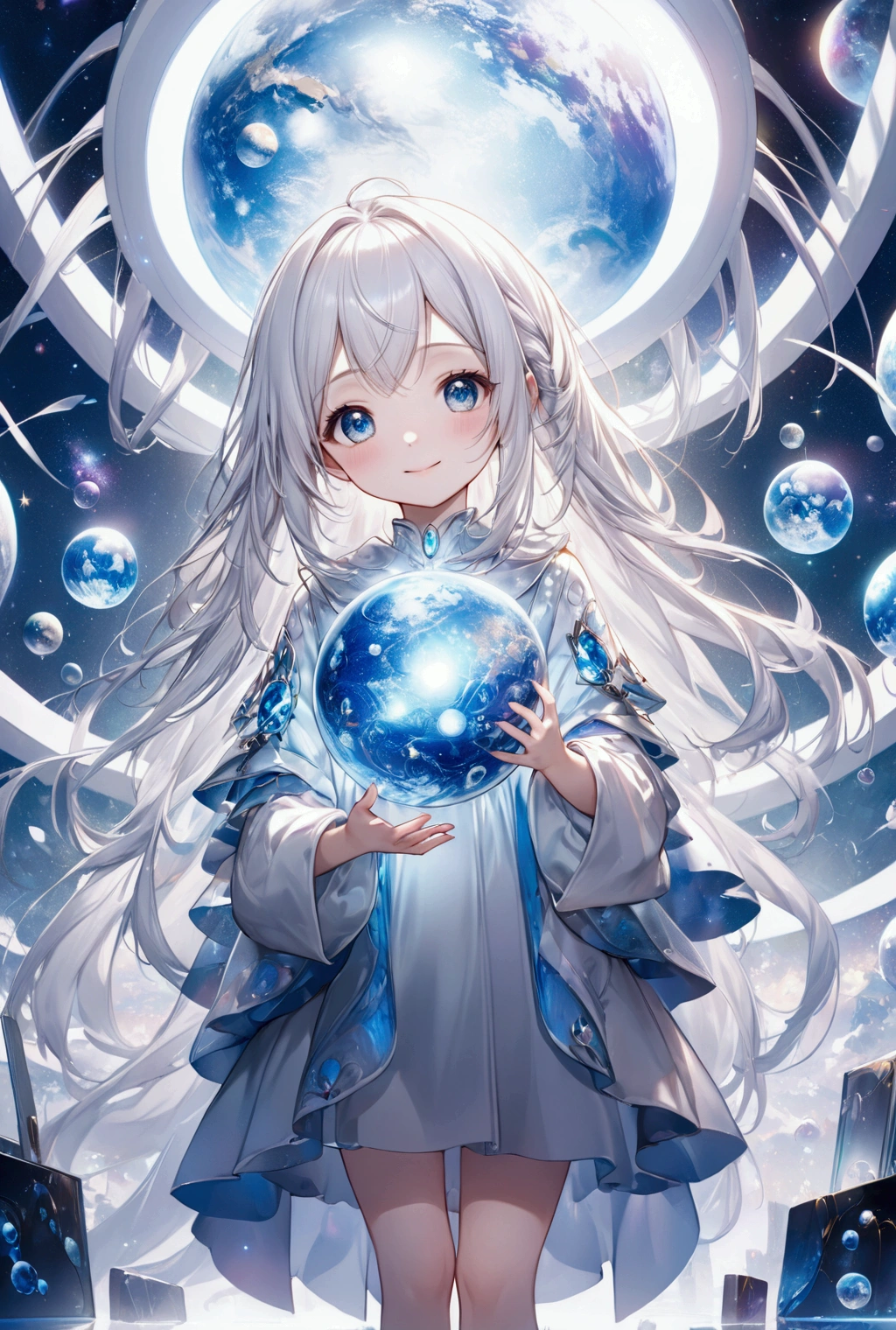 (Highest quality, 8k, 32K, masterpiece, Ultra-high resolution,:1.2),to be born, One Girl,So cute , A fantasy background reminiscent of an electronic world, clear, Shining Eyes, Age 25 ,Fair skin, White Haired Girl, Fantasy Clothing, Long Hair, An innocent smile