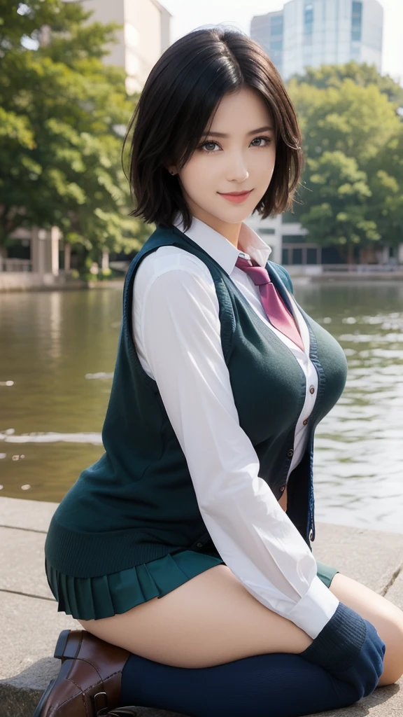 (masterpiece:1.2, Highest quality), (Realistic, photoRealistic:1.4), Beautiful illustrations, (Natural Side Lighting, Cinema Lighting), 
View your viewers, Cowboy Shot, Front view:0.6, 1 girl, Japanese, high school girl, Perfect Face, Cute and symmetrical face, Glowing Skin, 
(short hair:1.7, Straight hair:1.5, Side Lock, Black Hair), Parted bangs, Emerald green eyes, Long eyelashes, (Large Breasts:0.9, Thick thighs), 
Beautiful Hair, Beautiful Face, Beautiful attention to detail, Beautiful clavicle, Beautiful body, Beautiful breasts, Beautiful thighs, Beautiful feet, Beautiful fingers, 
((White long sleeve collared shirt, Grey pleated mini skirt, Navy Socks, Brown Loafers, Dark green tie, black cardigan vest)), Pink Panties, 
(Beautiful views), evening, River side, walk, Place your hand on your chest, (Cute smile, Upward glance), 