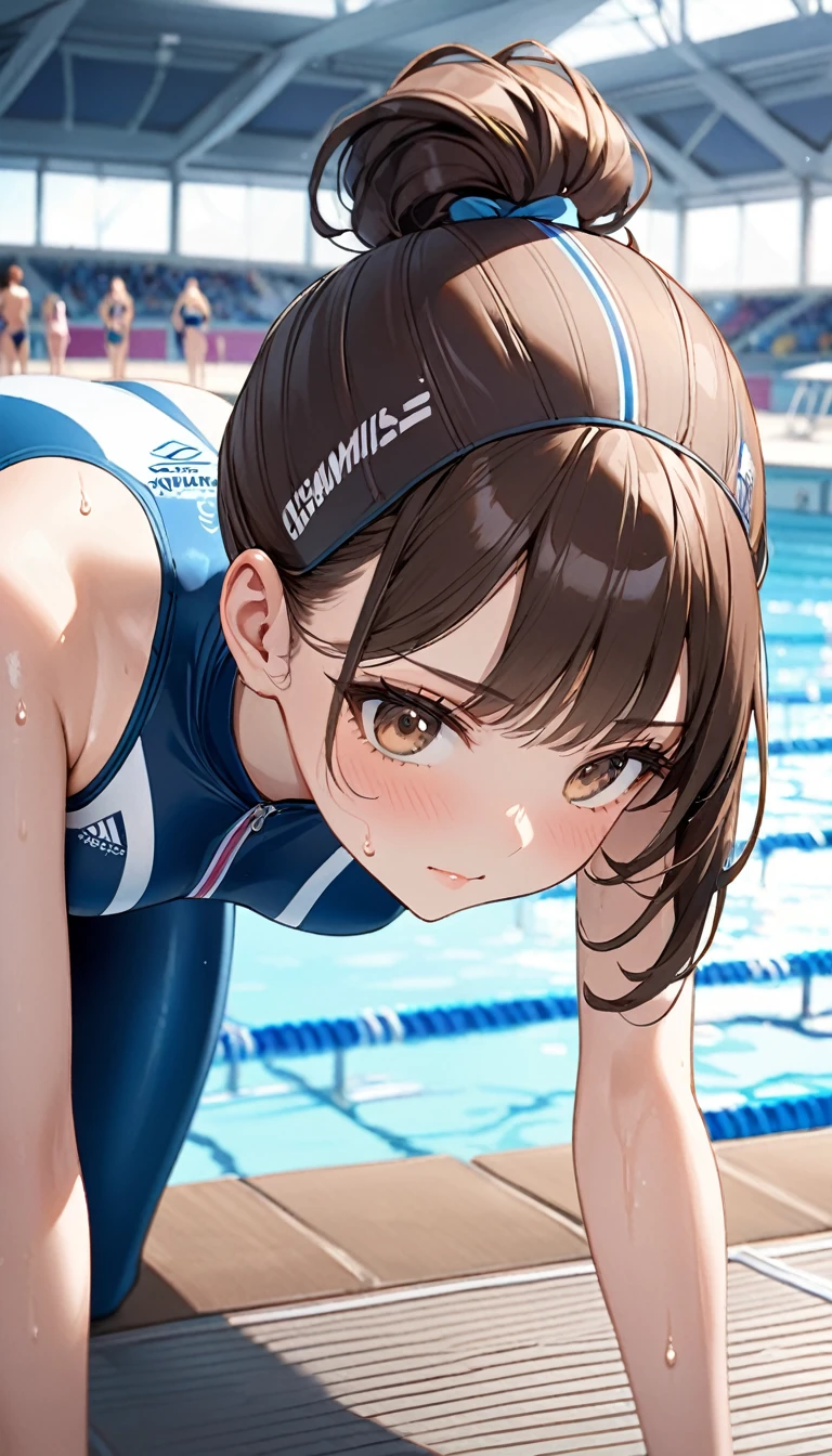 Packed indoor venue、Olympic Swimming Competition、Loud cheering audience、