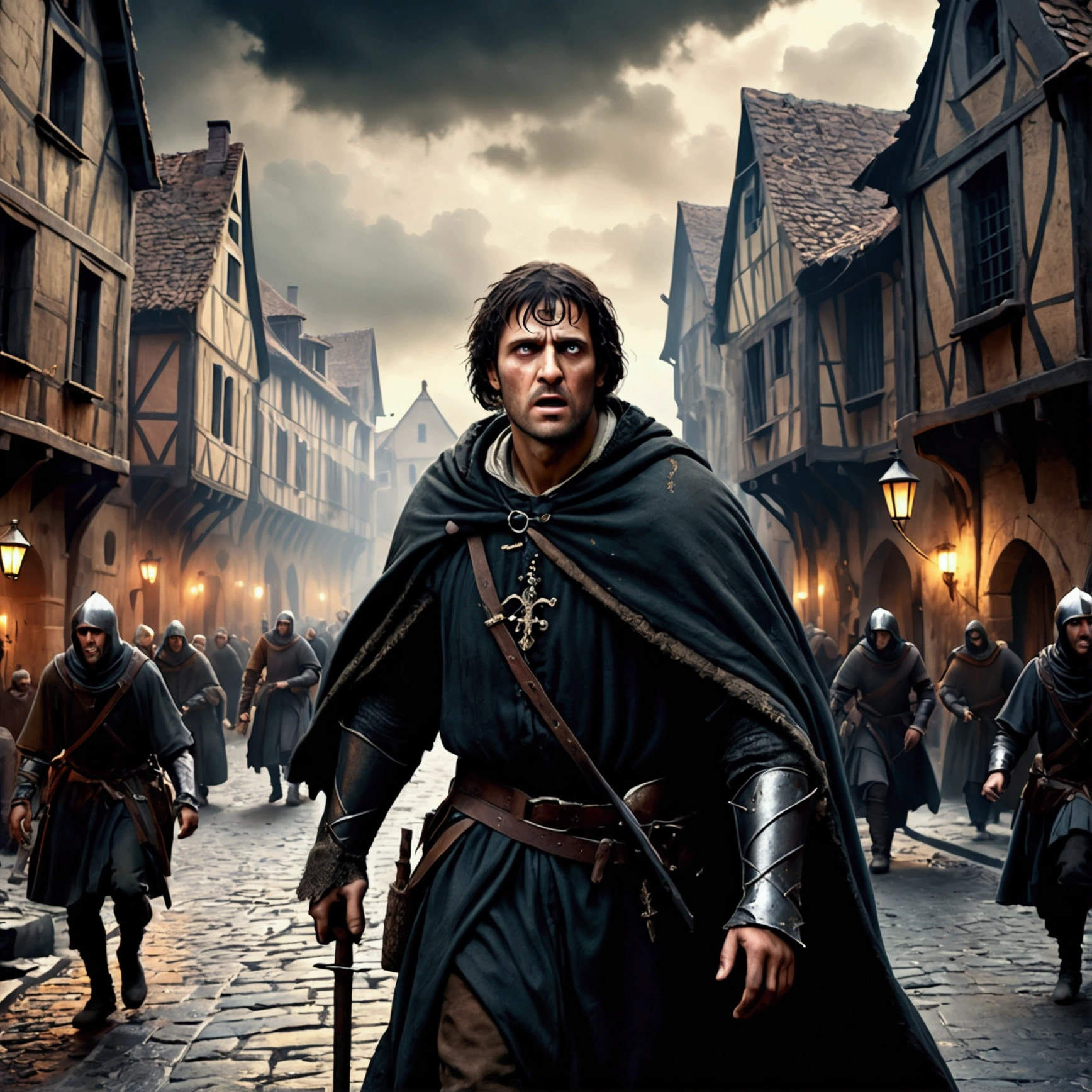 a man sick with the black plague, in a scenario of chaos in the middle ages, highly detailed, hyper realistic, cinematic dramatic lighting, dark gritty moody atmosphere, muted color palette, medieval era setting, crowded city street, people fleeing in panic, abandoned buildings, ominous clouds, dramatic camera angle, powerful composition, (best quality,4k,8k,highres,masterpiece:1.2),ultra-detailed,(realistic,photorealistic,photo-realistic:1.37)