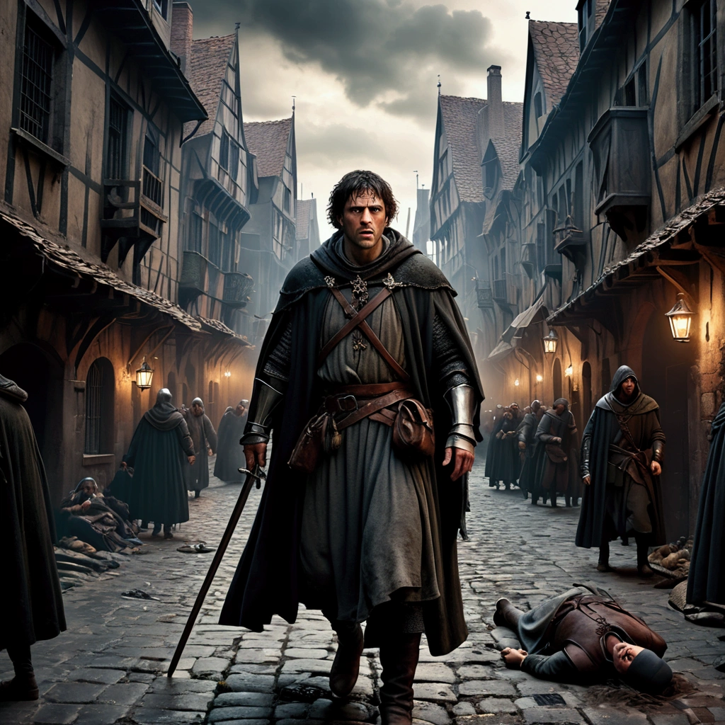 a man sick with the black plague, in a scenario of chaos in the middle ages, highly detailed, hyper realistic, cinematic dramatic lighting, dark gritty moody atmosphere, muted color palette, medieval era setting, crowded city street, people fleeing in panic, abandoned buildings, ominous clouds, dramatic camera angle, powerful composition, (best quality,4k,8k,highres,masterpiece:1.2),ultra-detailed,(realistic,photorealistic,photo-realistic:1.37)