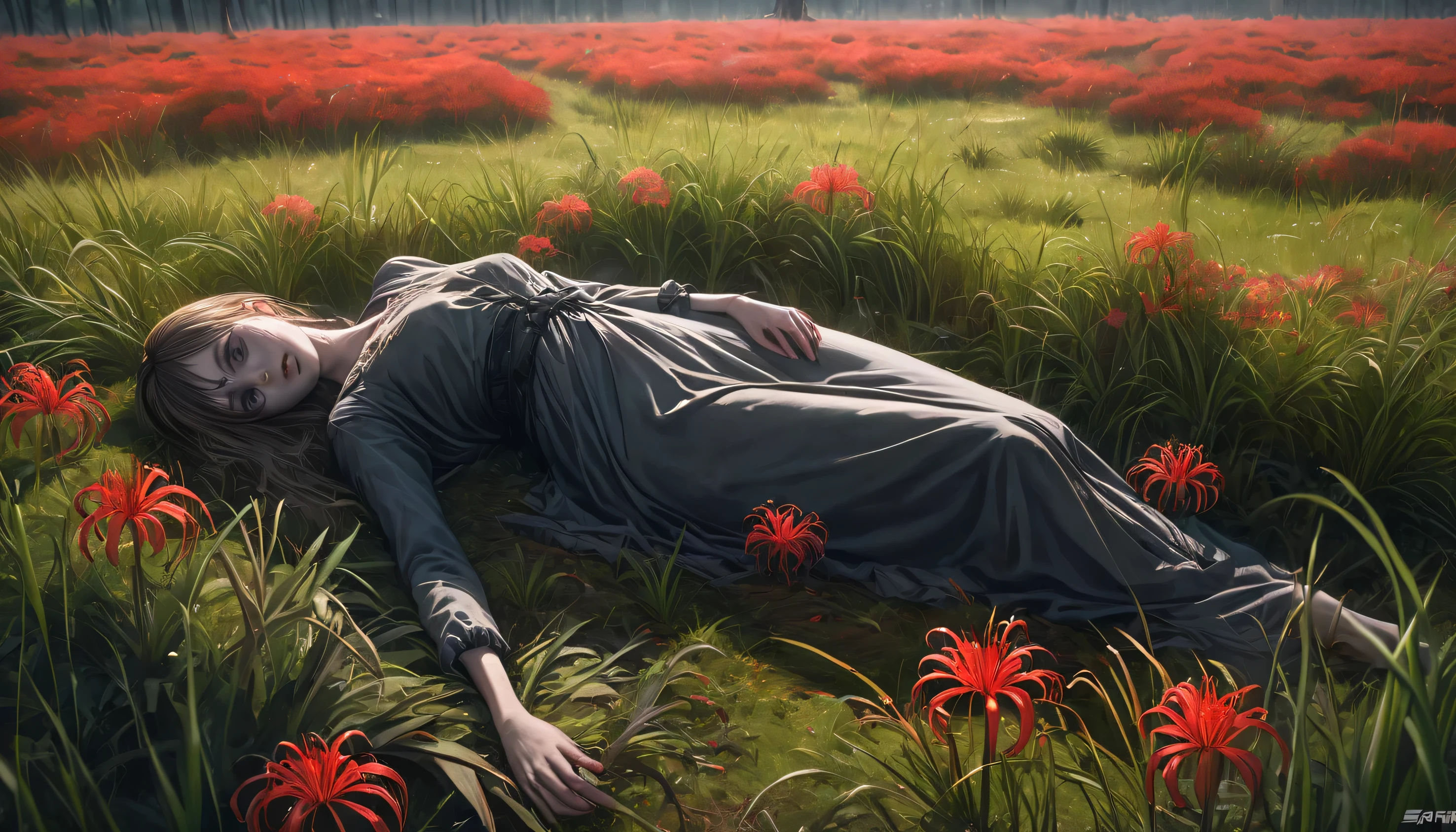 A corpse-filled field of spider lilies, (best quality,4k,8k,highres,masterpiece:1.2),ultra-detailed,(realistic,photorealistic,photo-realistic:1.37),HDR,UHD,studio lighting,ultra-fine painting,sharp focus,physically-based rendering,extreme detail description,professional,vivid colors,anime,dark fantasy,horror,gothic,moody lighting,dramatic shadows,muted colors,dead bodies,decaying corpses,spider lilies,overgrown field,atmospheric,cinematic