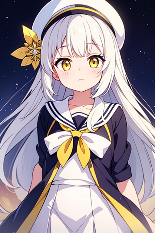 White hat with gold decoration、Long white hair、Yellow Eyes、Sailor'White Uniform,