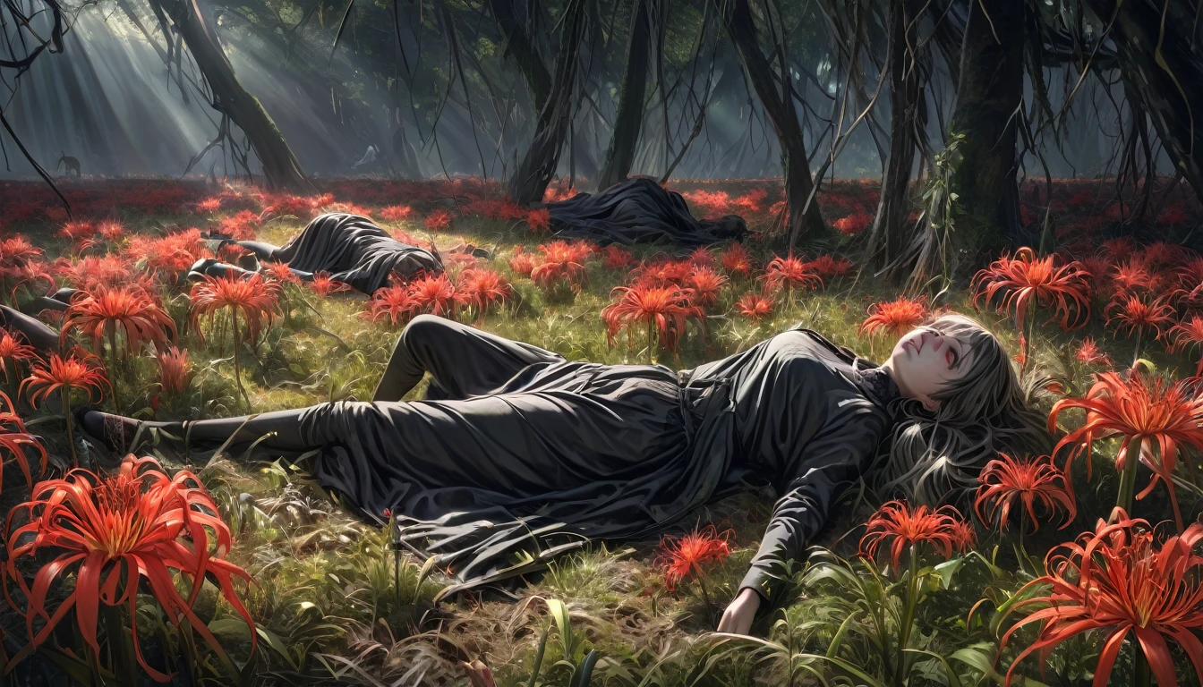 "high resolution, image of a dead elf lying on the ground of a battlefield. The elf has long, dark hair, tangled and dirty with blood and dirt. Your eyes are open, looking up at the sky with a blank and sad expression. Pale skin contrasts with his finely crafted armor., that is broken and covered in blood. A broken sword is embedded in his abdomen, the cause of his death evident. Around her, pieces of arrows, a fallen dagger, and bloodstains scattered. The ground is a mixture of dirt and grass, with battle marks all over. Ao fundo, shadows of destroyed trees and a dense fog that covers the battlefield."