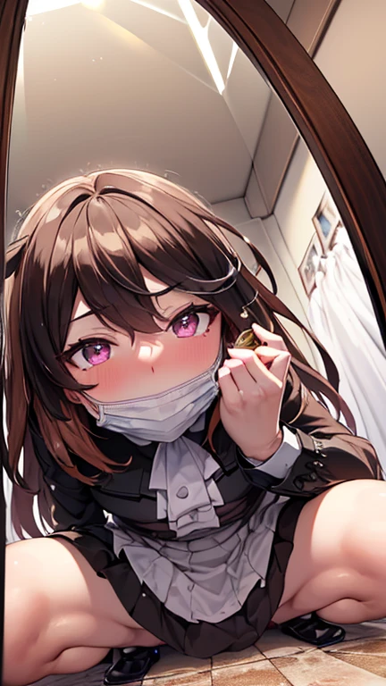 symbolirudolf,masterpiece, best quality, high quality, ultra detailed, extremely detailed, ultra-high res, best aesthetic, 8k), (beautiful detailed 5fingers: 1.2), (ultra-detailed face), nsfw, 1girl, (squatting on floor: 1.3), spread legs, ((((skirts lift,)))) ((captures a mirror selfie: 1.4)), ((black mouth mask: 1.2)), Break,, (pale skin: 1.2), parted lips, (nose blush), pink lips, ((drunk)), ((wet skin)), (ecstasy: 1.3), (fitting room),