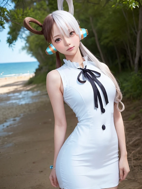 ((highest quality, 8k, masterpiece:1.3)), Detailed eyes, (View from the front), Looking at the camera, ((Everything is Shining、Reflects light:1.2)), (Optimal ratio: Four fingers, One thumb), (Portraiture), (((One Piece Uta))), 1 girl, Cute face, Tilt your head, Half Body Shot, Sitting, Blushing, seiza, Mischievous face, (((Put your arms behind your back))), Confused, Outdoor, Beach, Expressive eyes, Perfect Face, dress, uta, Long Hair, white dress, Headphones, ribbon, Medium chest, neck ribbon, Split Color Hair, Hair on one eye, Twin tails, Hair Ring, black ribbon,
