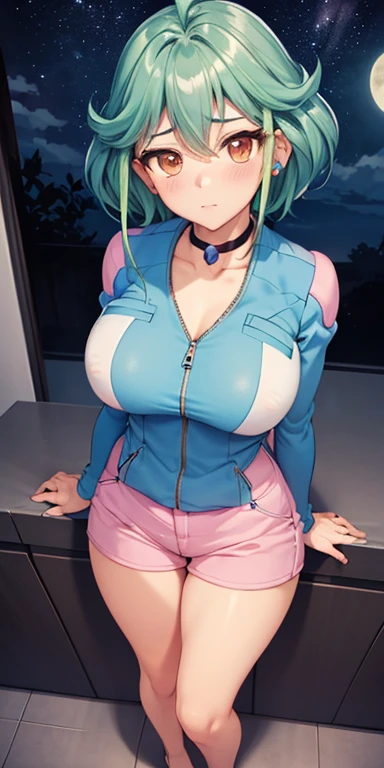 masterpiece, best quality, ultra-detailed, illustration,masterpiece, 8k,Best quality, high resolution, high resolution, rin_arc_v,  1girl,  solo,  (large breasts,  medium breasts:1.2),  (wide hips:1.2),  (blue jacket,  long sleeves:1.2),  (pink shorts,  short shorts:1.3),  black choker,  barefoot,jewelry ,beautiful detailed eyes, looking at viewer in a seductive look, close up, (breast focus), (arms behind back:1.2), tight clothes ,(from above:1.1),  medium sized breasts ,attempt to seductive,blush,(wide thighs:1.3), moonlight,sky, ((full body:1.5)),( green snickers ), multicolored hair , detailed face, detailed body