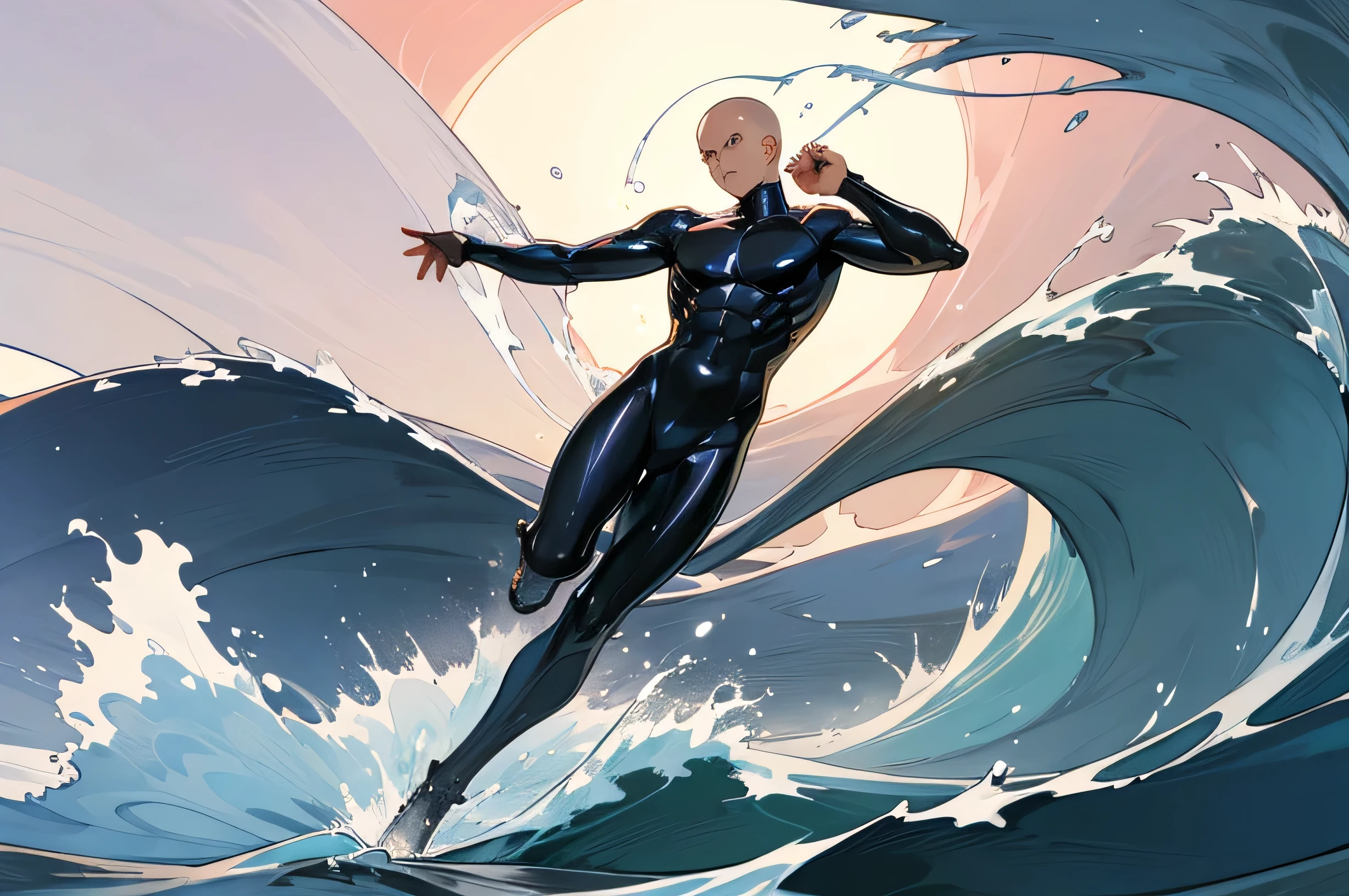 Handsome Japanese male models 　Black Hair　　Short cut　Shaved head　　　Slim figure　　　　smile　looking at the camera　Shiny full-body silver suit　　　Shiny silver latex suit　The background is a lot of water splashing　 Big Wave　　Wave vortex　soaked　　Shine　　Bulge　　　　From the chest up　up　　　Background Bright sky　Background Hokusai Wave 