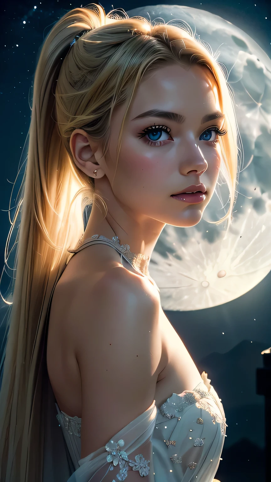 masterpiece, (最high quality: 1.2), (Super Fine: 1.2), figure, (Very delicate and beautiful: 1.2), Film Angle, floating, (Beautiful detailing: 1.1), (Detail Light: 1.1), Film Light, Delicate Sky, woman, Blonde Hair, black eye, (High Ponytail: 1.1), Cape, Glowing Eyes, (moon: 1.2), (moonlight: 1.1), Starry Sky, (Particles of light: 1.1), fog , Snow Painting, sketch, flowering、masterpiece, 最high quality, high quality, High resolution, Upper body portrait