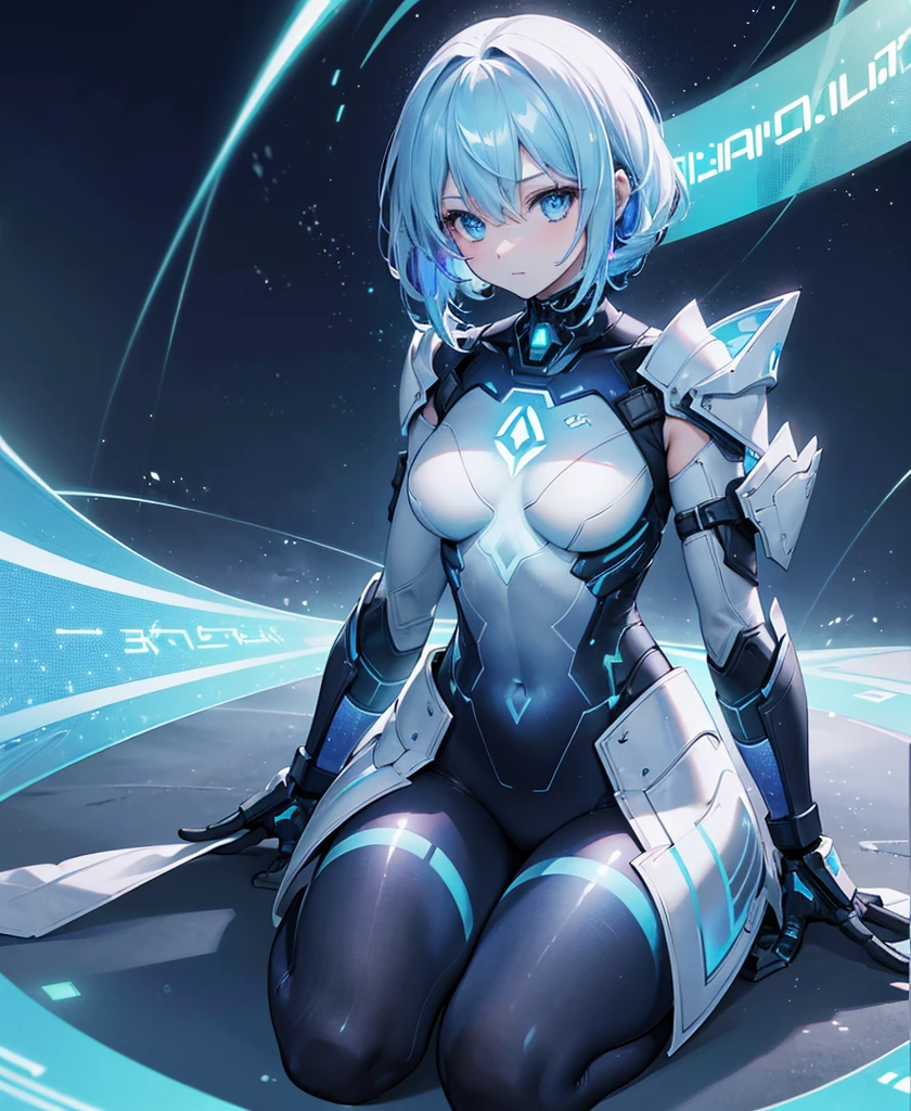 ((Holographic glow effect)),8k, Highest quality, (real:1.4), Original photo, 1 girl, Asari Hair, Biological Amplifier, refined armor, posture: Peace talks between warring factions, smart blue eyes,whole body