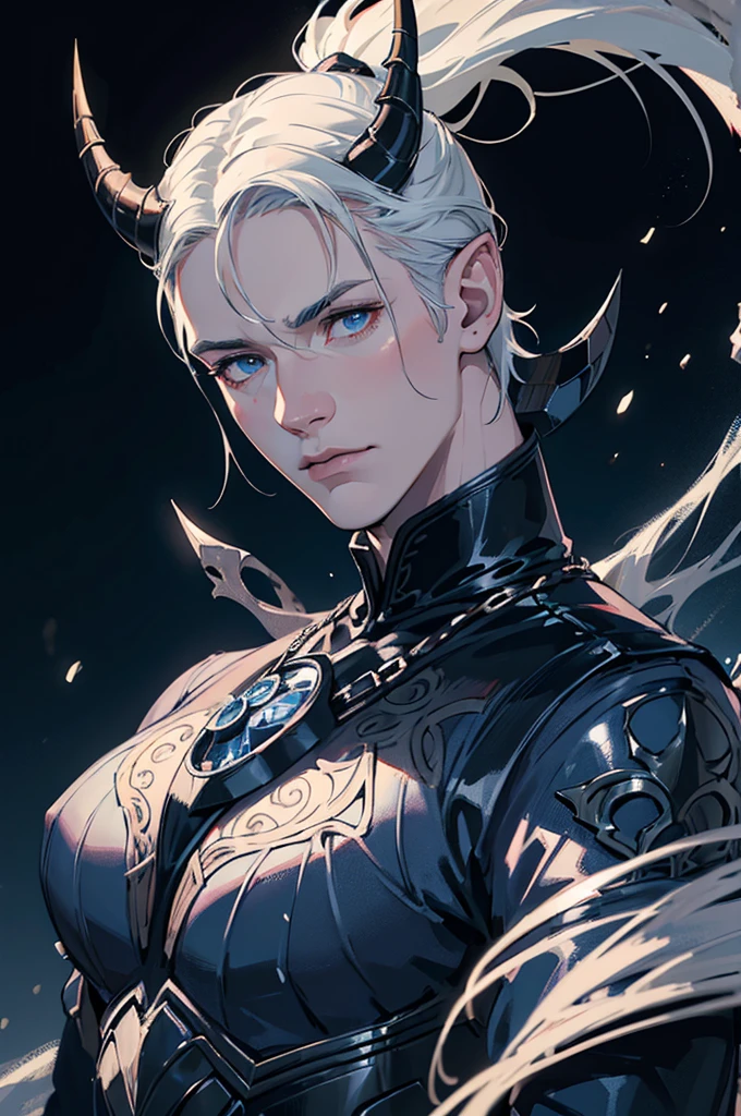 a muscular man with very short white hair, dark blue eyes, very pale skin, dark blue horns, horns, pointy ears, wearing ornate fantasy armor, dramatic lighting, dark blue and gray color palette, highly detailed, intricate, cinematic camera angle, dramatic mood, (best quality,4k,8k,highres,masterpiece:1.2),ultra-detailed,(realistic,photorealistic,photo-realistic:1.37)