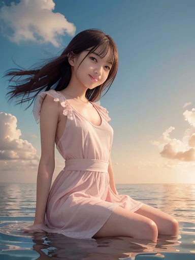 Japanese female, a lot of details, (underweight), detailed black hair, beautiful detailed hair, super fucking beautiful, delicate beautiful face, complex details beautiful and delicate eyes, perfect hands, (flat chest best quality:1.5), perfect and delicate limbs, detailed skin, best quality, ultra-detailed,(cheerful grin:1.3),
sky, (cloud texture), (floating:1.4), (sit in the air), (light red floating dress), in the clouds, full body shot, low angle shot